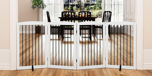 Freestanding Pet Gate - Foldable Wooden Dog Gate, 80 Inch Wide, 4 Panels, White