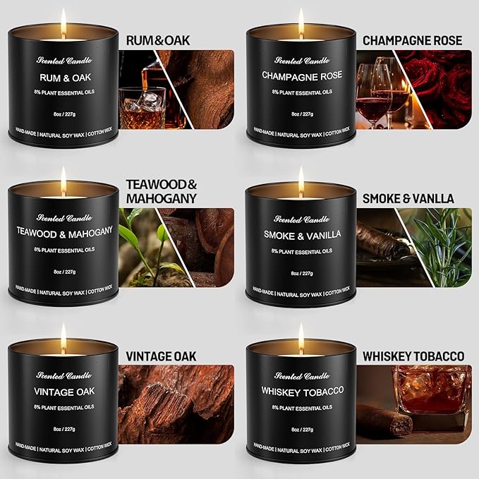 Scented Candles for Men - 6 Pack Masculine Scented Candles Set, 8oz Natural Soy Wax Candles with Essential Oils, Long Lasting Aromatherapy Candle Gift of Father, Husband, Men