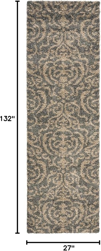 SAFAVIEH Florida Shag Collection Runner Rug - 2'3" x 11', Grey & Beige, Damask Design, Non-Shedding & Easy Care, 1.2-inch Thick Ideal for High Traffic Areas in Living Room, Bedroom (SG462-8013)