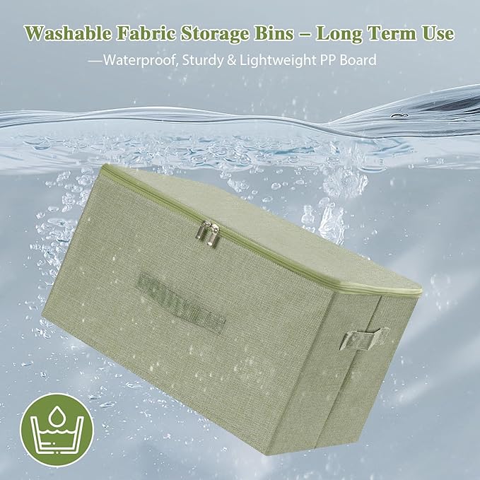 ANMINY 3PCS Storage Bins with Zipper Lids 13 Qt Lidded Fabric Storage Boxes Baskets Cubes with Handles Collapsible Washable Cotton Linen Closet Shelf Clothes Organizer Containers - Green, Small