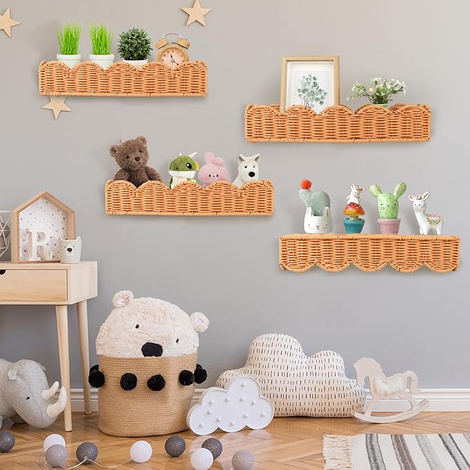 4 Set Nursery Book Shelves Scalloped Plastic Artificial Rattan Classroom Wall Shelf 15.8 Inch Wall Mounted Floating Bookshelve, Hanging Boho Wicker Woven Shelf for Bedroom Farmhouse Decor (4, Brown)