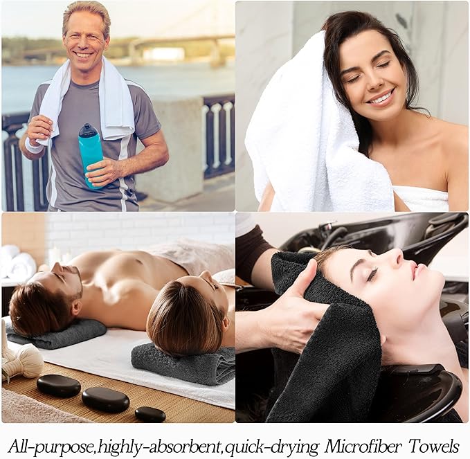 40 Pack Bleach Proof Towels Microfiber Absorbent Resistant Hair Hand Towels Bulk Quick Dry for Barber Gym Bath Spa Shaving (Black White Grey,16 x 29 Inch)