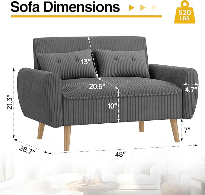 JAMFLY 47'' Small Loveseat Sofa, 2 Seat Compact Couch with Tapered Legs, Dark Grey Upholstered Furniture, Solid Wood Frame, Comfy Foam Cushion, Easy Assembly for Small Spaces