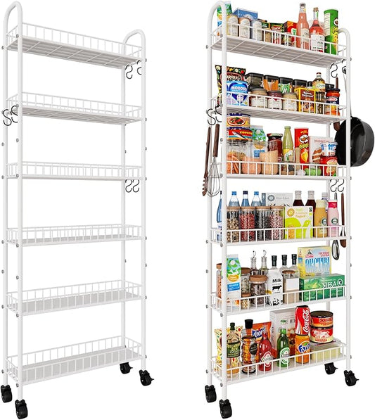 6-Tier Slim Storage Cart, Rolling Kitchen Cart with Wheels, Narrow Metal Shelf Organizer with Hooks for Kitchen, Bathroom, Living Room, Laundry, Small Spaces (White, 6 in)