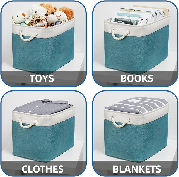 Temary Fabric Baskets Storage Baskets for Organizing 2 Pcs Decorative Baskets for Gifts Empty Collapsible Storage Bins for Home Closet(White&Teal,16Lx12Wx12H Inches)