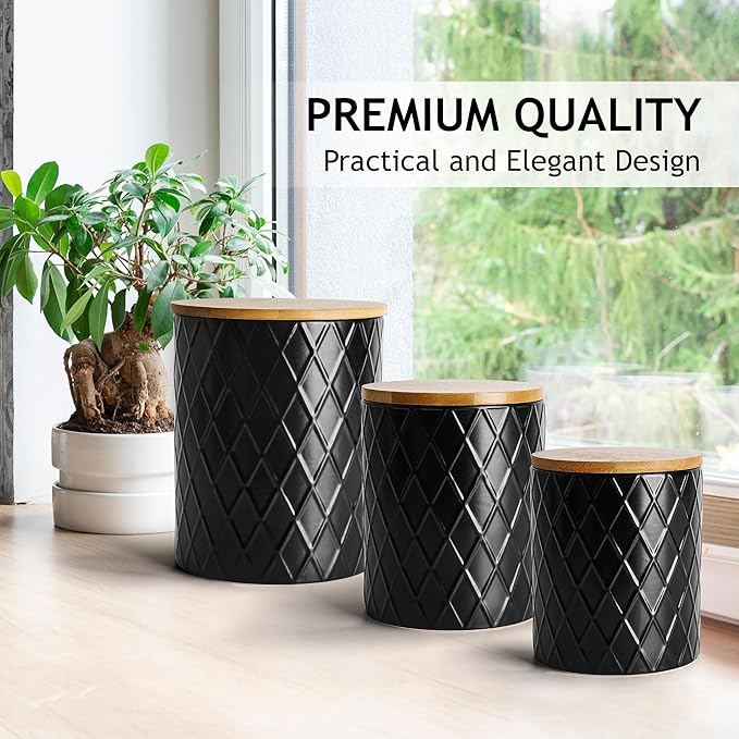 MIAMIO – Set of 3 Canister Sets for Kitchen Counter, Ceramic Kitchen Canister Set with Airtight Seal Wooden Lid - Perfect for Coffee, Tea, Sugar, Flour, Tea, Salt and More