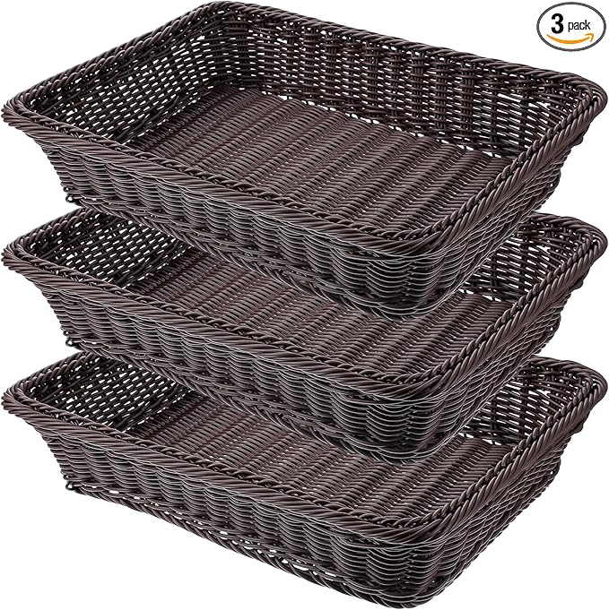 3 PCS 16 Inch Wicker Bread Basket, Woven Serving Basket, Tabletop Food Serving Basket for Restaurant, Bakery, Family Party, Hotel Serving, Fruits, Vegetables and Snacks, Coffee, Dark Brown