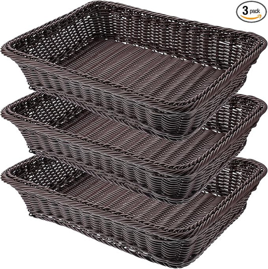 3 PCS 16 Inch Wicker Bread Basket, Woven Serving Basket, Tabletop Food Serving Basket for Restaurant, Bakery, Family Party, Hotel Serving, Fruits, Vegetables and Snacks, Coffee, Dark Brown