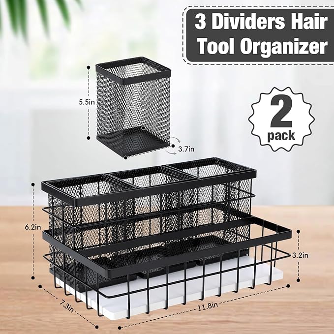 2 Pcs 1pcs Hair Tool Organizer Countertop Breathable Metal Bamboo Hot Tools Vanity Organizer Under Sink Bathroom Hair Dryer Holder Countertop Brush Comb Holder Tray (White Bamboo,Black)
