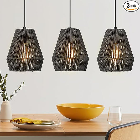 ELYONA Modern Woven Pendant Light Fixtures, 7" Farmhouse Coastal Hanging Lamp, Matte Black Handwoven Rattan Basket Shade, Boho Pendant Light for Kitchen Island Bar,Dining Room, Bedroom,Hallway 3 Pack