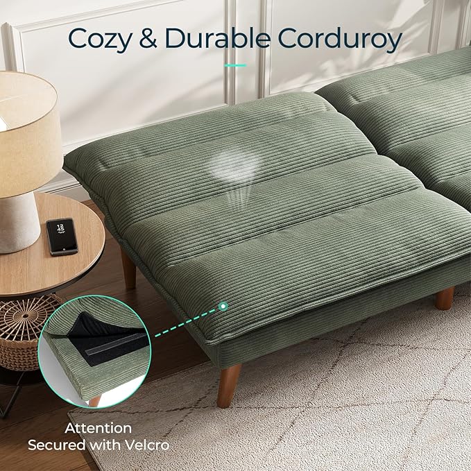 LINSY HOME Futon Sofa Bed - Convertible Corduroy Futon Couch Bed with Adjustable Backrest, Modern Small Loveseat Sleeper Sofa for Small Spaces, Living Room, Apartment or Office (Green)