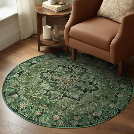 Green Round Rugs 4ft for Bedroom Living Room, Low Pile Thin Washable Entryway Area Rugs Non Slip, Traditional Medallion Printed Circle Carpet for Kitchen Dining Room