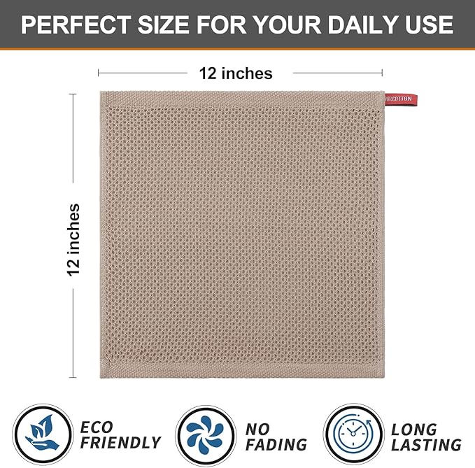 Kitinjoy 100% Cotton Kitchen Dish Cloths (12 X 12 Inches, Tan), 8 Pack Waffle Weave Ultra Soft Absorbent Dish Towels for Drying Dishes Quick Drying Kitchen Towels Dish Rags