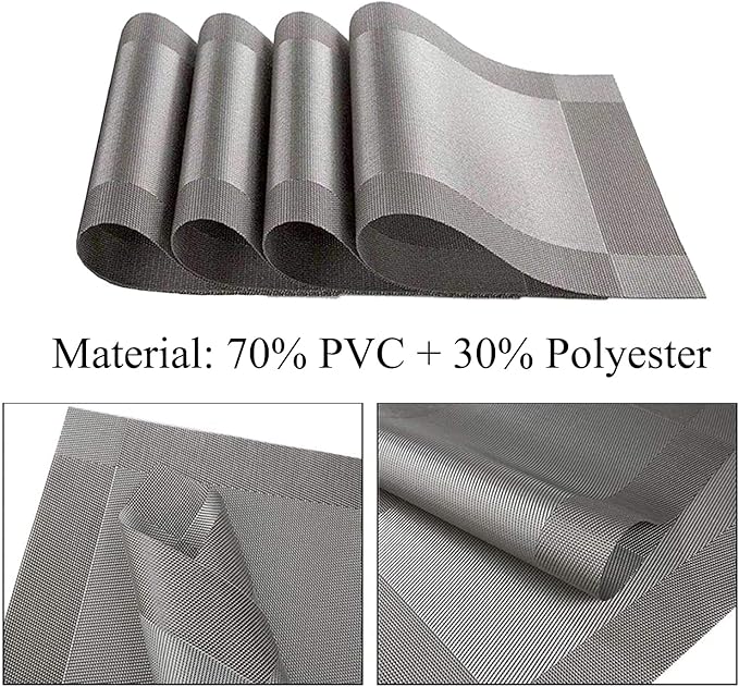 Placemats, Washable PVC Table Mats, Woven Vinyl Placemat for Dining Table Place Mats Set (6 placemats and 1 Table Runner, Silver and Grey)