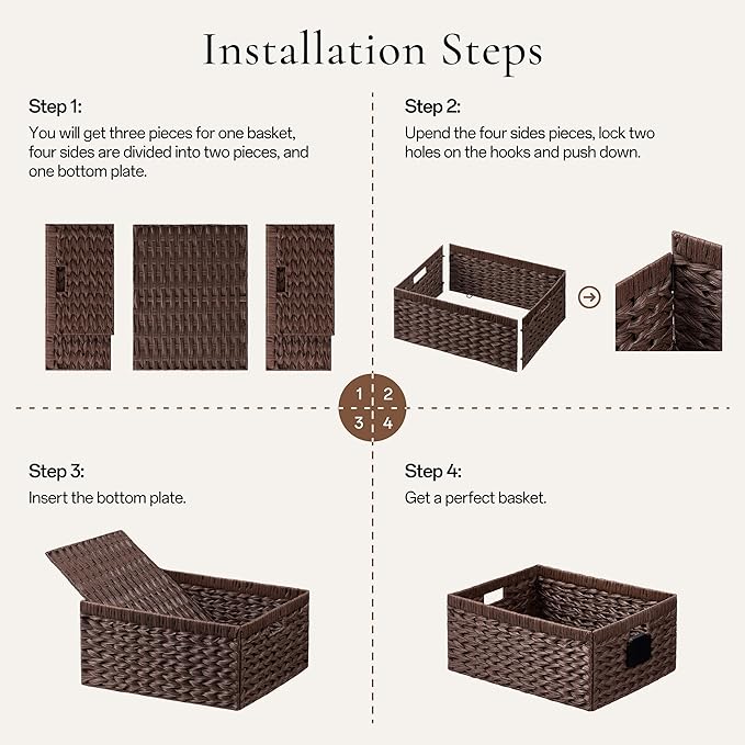 Storage Baskets with Label — Wicker Pantry Baskets for Shelves, Waterproof Woven Basket for Organizing, 2-Pack Plastic Rectangle Organizers with Handles, Dark Brown (16.5L×13W×7.5H)