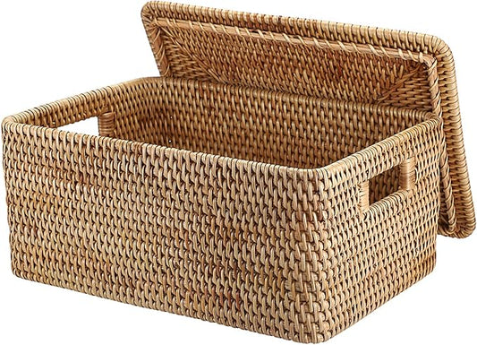 Hipiwe Rattan Basket With Lid Rectangular Lidded Basket Natural Hand-Woven Wicker Storage Basket Bin for Shelf Organizing Picnic Food Bread Table Storage Basket, 15.1 x 11.2 x 7.3 inch