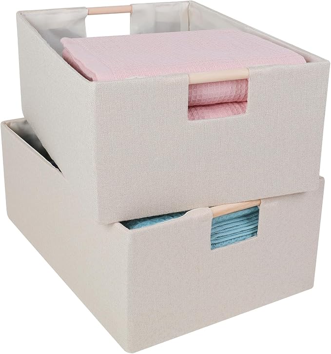 ANMINY 2PCS Storage Bins Set Foldable Cotton Linen Open Storage Baskets Box with Wood Handles Decorative Nursery Baby Kid Toy Clothes Towel Laundry Organizer Container Solid Color - Medium, Beige