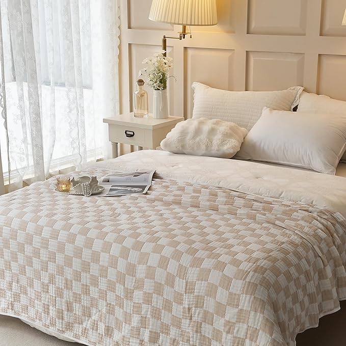 Ultra Soft Cozy 6-Layer Muslin 100% Cotton Checkered King Size 90"x104" Bed Blanket Breathable Lightweight Checkboard Bed Blankets Decorative for Sofa Bed All Seasons Both Sides Cream