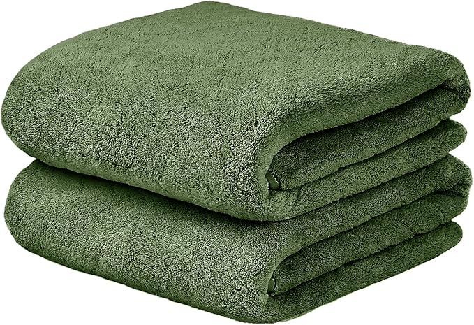 Microfiber Bath Towels Set of 2, Oversized, Ultra Soft, Super Absorbent, Fast Drying, No Fading Large Bathroom Towel for Yoga, Sauna, Travel, Fitness (Coral Fleece - Olive-Green, 30 in x 60 in)