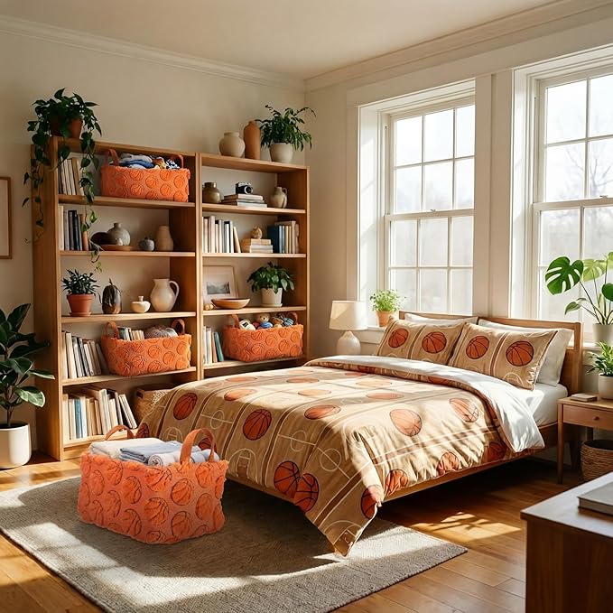2 Pcs Orange Basketball Storage Baskets 14x10 Inch Easter Basket Sport Theme Home Decor Foldable Fluffy Plush Storage Bin with Handle Decorative Closet Organizer for Home Office Laundry Car