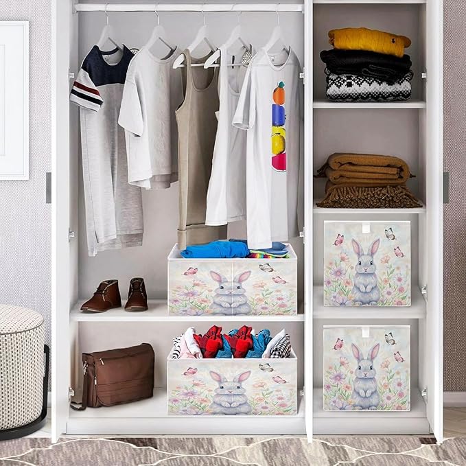 Bolaz Happy Easter Day Bunny Eggs Spring Flowers05 Closet Organizers Storage Cubes Storage Bins Shelf Baskets Containers for Home Room Office,Square