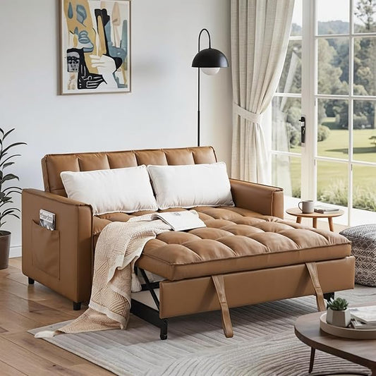 3 in 1 Convertible Sofa Bed, Love Seat Sleeper Bed with Side Pockets, PU Fabric Pull Out Couch with Adjustable Backrest for Living Room, Bedroom, Apartment, Brown