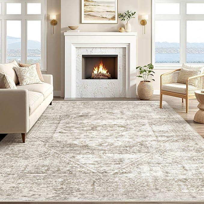 Vintage Living Room Area Rug 6x9 - Large Soft Washable Oriental Traditional Distressed Farmhouse Rugs for Bedroom - Indoor Floor Accent Carpet for Home Office House Decor - Distressed Light Brown