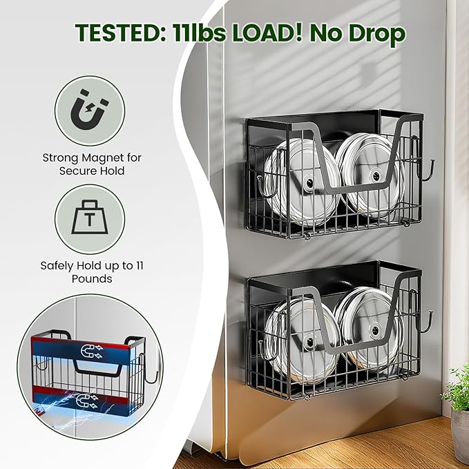 Heavy Duty Magnetic Shelf Basket for Fridge(2-Pack), Foldable Magnetic Storage Basket, No Assembly Space Saving Fridge Organizer for Fruits, Veggies, Snacks & Laundry
