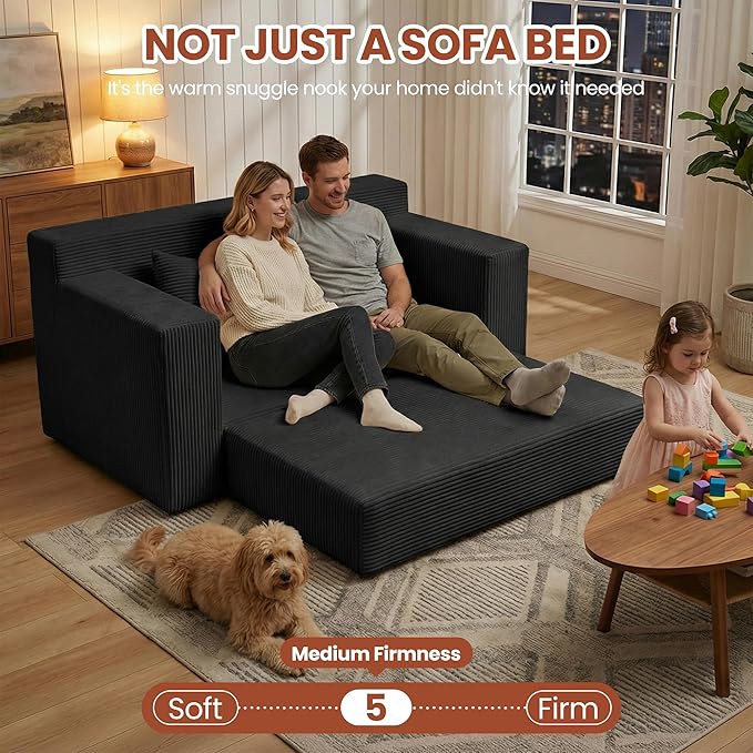 5 in 1 Convertible Sofa Bed,Small Boneless Couch Pull Out Loveseat Sleeper Sofa,Corduroy Futon Couch Folding Mattress with 4 Pillows for Living Room Bedroom Lounge (No Assembly)