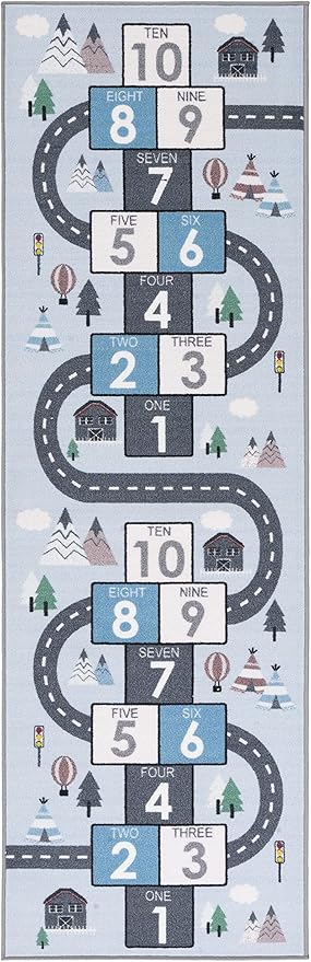 SAFAVIEH Washable Rug Kids Playhouse Collection - 2'2" x 10' Runner, Grey & Blue, Slip Resistant & Easy to Clean, Ideal for Kids Room, Playroom, Nursery, Boys & Girls Room (KPH226F)