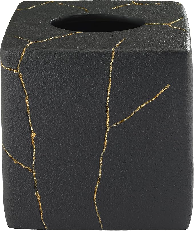 Nicole Miller - Tissue Box Cover, Resin Countertop Accessories, Dorm Room Essentials (Sydney Collection, Black/Gold)