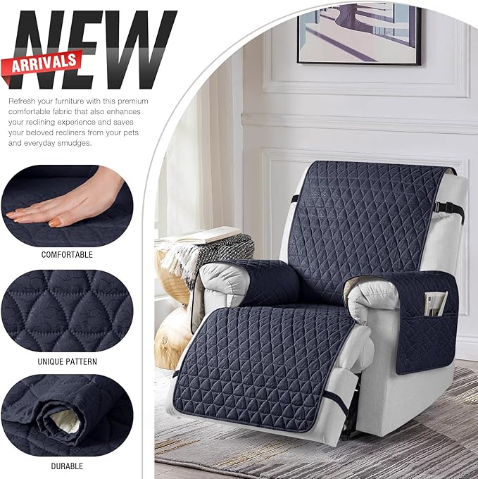 TAOCOCO 100% Waterproof Recliner Cover - Recliner Cover with Non-Slip Granule, Recliner Chair Covers with Elastic Band, Recliner Chair Covers for Reclining Chair(Dark Blue, Medium-25'')