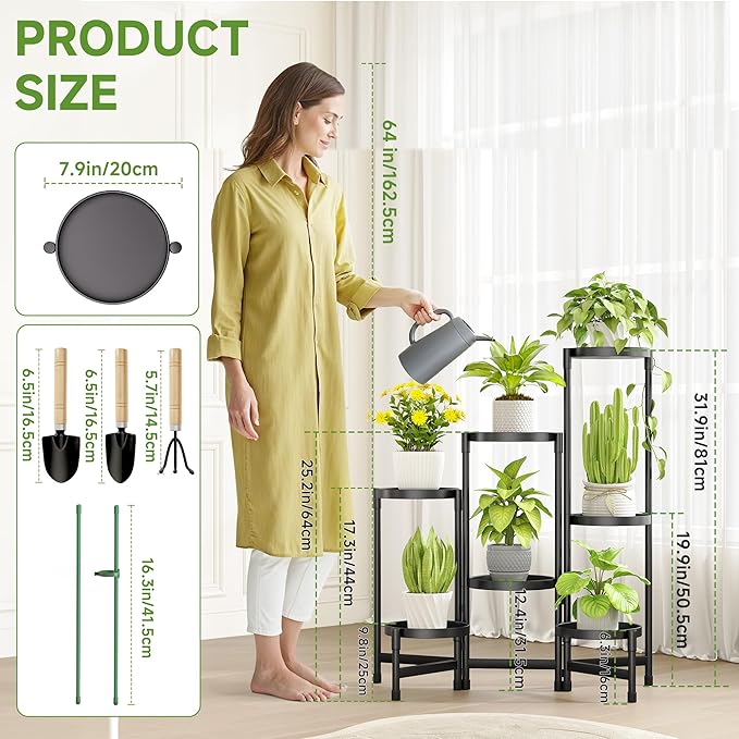 Folding Plant Stand Indoor Outdoor with Metal Tray, 7 Tiered Corner Flower Holder Shelf Metal Orchid Display Rack for Patio Porch Living Room Garden Balcony, Modern Black