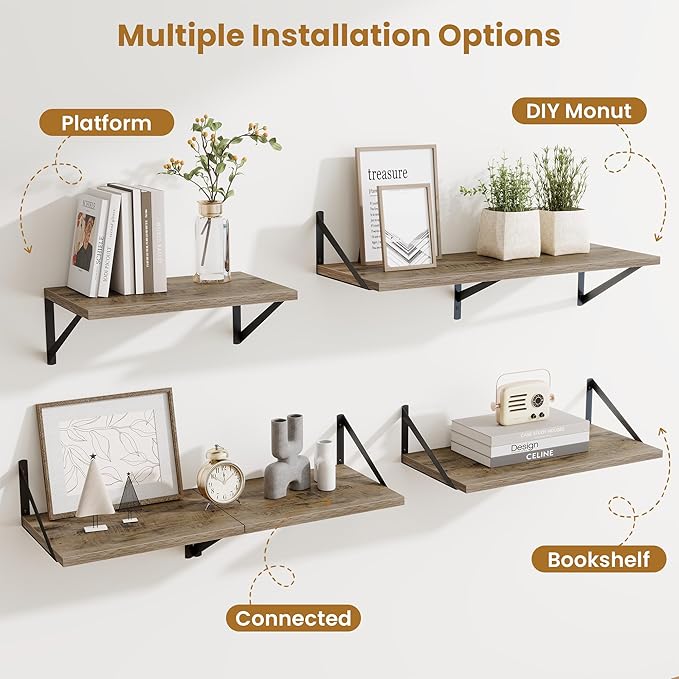 Floating Shelves for Wall,40" Wall Mounted Shelves Set of 2,Long Wood Floating Shelves,Hanging Wide Display & Storage Shelf with Metal Brackets for Bathroom,Bedroom,Kitchen,Living Room,Grey
