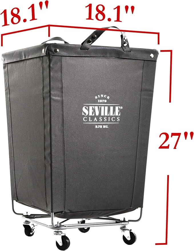 Seville Classics Large Commercial Heavy Duty Rolling Steel Frame Laundry Hamper Canvas Cart Bin, w/ Wheels for Hotel, Home, Closet, Bedroom (PATENTED), Gray, 18.1" D x 18.1" W