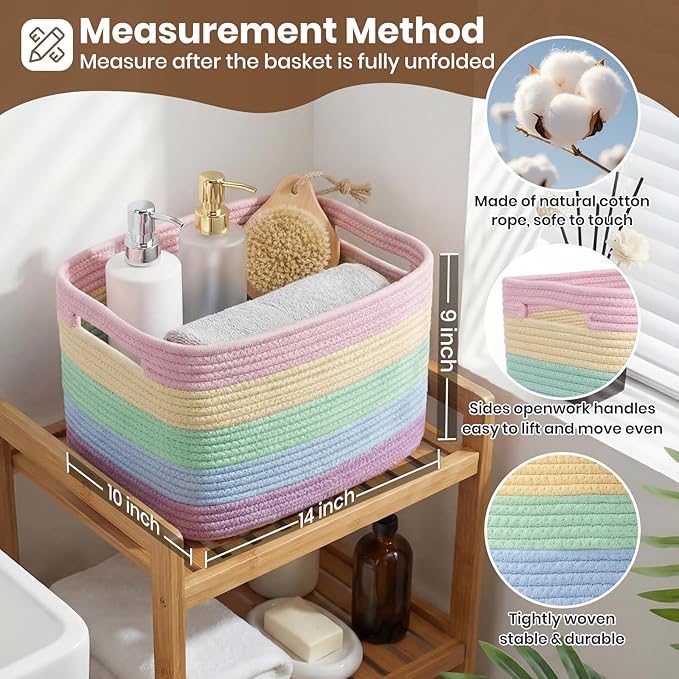 Storage Baskets for Organizing, 14 x 10 x 9” Closet Shelf Woven Baskets, Square Bins with Handles, Cotton Rope Basket for Toys, Clothes, Office, Room, Rainbow 3 Pack