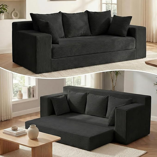 Convertible Sofa Bed, 5 in 1 Small Boneless Couch Pull Out Loveseat Sleeper Sofa,Corduroy Futon Couch Folding Mattress with 4 Pillows for Living Room Bedroom Lounge (No Assembly)