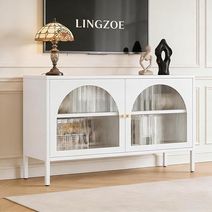 Metal TV Stand, Modern Storage Cabinet with 2 Acrylic Doors, Display Hallway Cabinet with Adjustable Shelf, Living Room Storage Cabinet for Home,Office,Entryway,Dining Room,Bedroom,White