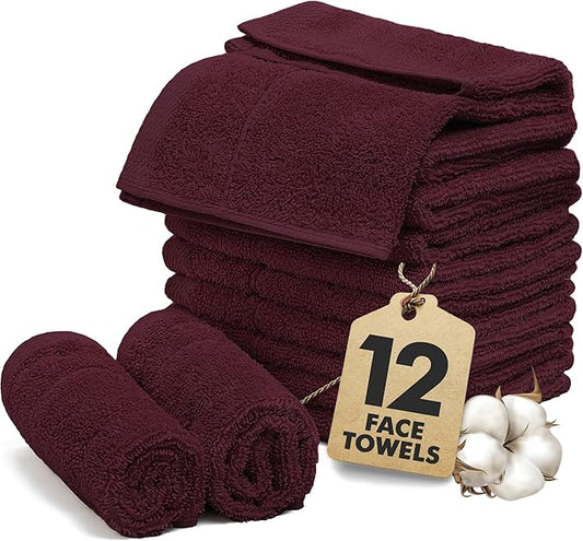 Face Towels Pack of 12 – 100% Cotton Wash Cloths (12x12 inch) – Soft, Quick Dry & Highly Absorbent Hand Towels for Bathroom, Spa, Gym, Kitchen and for Daily Use - (Burgundy)