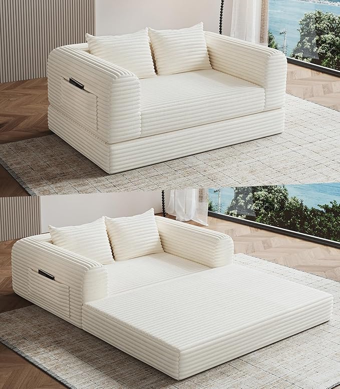 57“ Loveseat Folding Sofa Small Couches Armchair Convertible Chaise Longue Versatile 2 in 1 for Small Spaces, Couch Mid Century Love Seat Couches for Bedroom, Apartment, 2-Seater, Beige