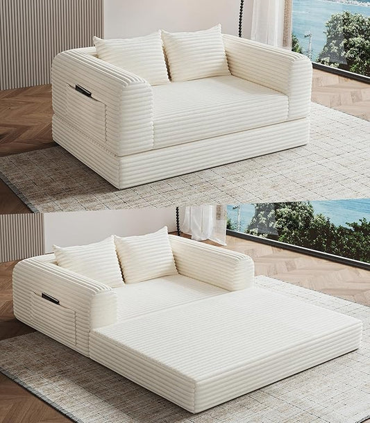 57“ Loveseat Folding Sofa Small Couches Armchair Convertible Chaise Longue Versatile 2 in 1 for Small Spaces, Couch Mid Century Love Seat Couches for Bedroom, Apartment, 2-Seater, Beige