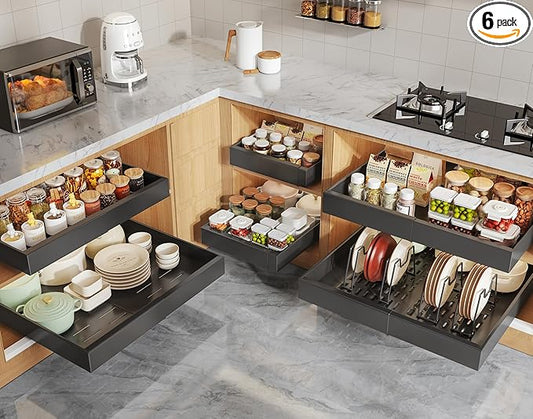 6 Pack Pull Out Cabinet Organizers 21" Deep With Raising Pad for Framed Cabinets, Expandable Slide Out Drawers with 4pcs Divider Racks, Roll Out Shelves, Adjustable Width 12"-20.45" Black