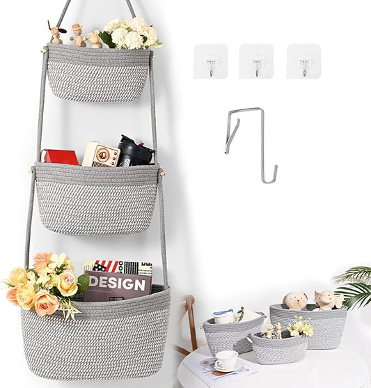Hanging Storage Baskets, Over the Door Basket, Cotton Wall Baskets Storage, Hanging Door Basket with 4 Hooks