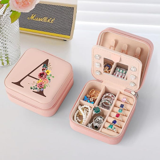Parima Gifts for Women - Women Gifts Idea, Personalized Birthday Gift, Travel Jewelry Case Organizer Initial Small Jewelry Box, Woman Selfcare Gift - Letter A, Pink