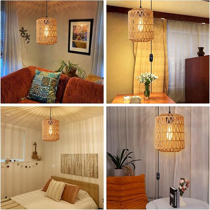 Plug in Pendant Light, Rattan Hanging Lights with Plug in Cord 15ft Dimmable Cord, Hand Woven Wicker Lampshade Hanging Lamp, Boho Plug in Hanging Ceiling Light Fixture for Farmhouse Bedroom