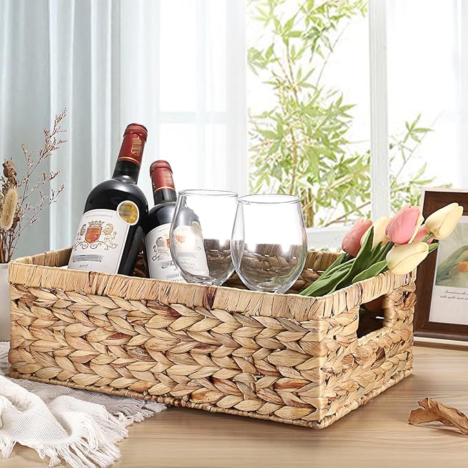 Woven Open Storage Bins Large Wicker Shelf Basket with Built-in Handles Natural Water Hyacinth Storage Baskets for Toiletries Books Fruits Organizing,15 x 10.2 x 5 inches