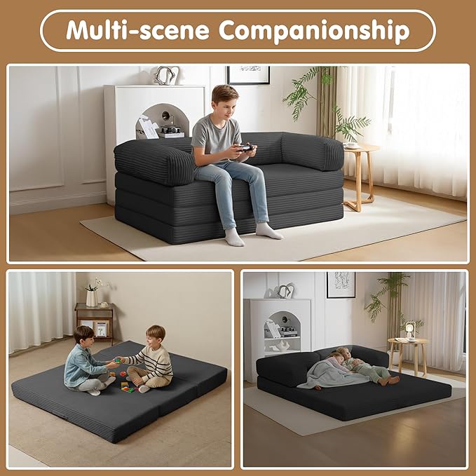 Convertible Sofa Bed Full,5-in-1 Tri-Fold Boneless Couch with Removable Armrests & Handle,Corduroy Futon Sleeper Sofa,Floor Folding Mattress Pull Out Bed for Small Space Apartment Living Room Bedroom