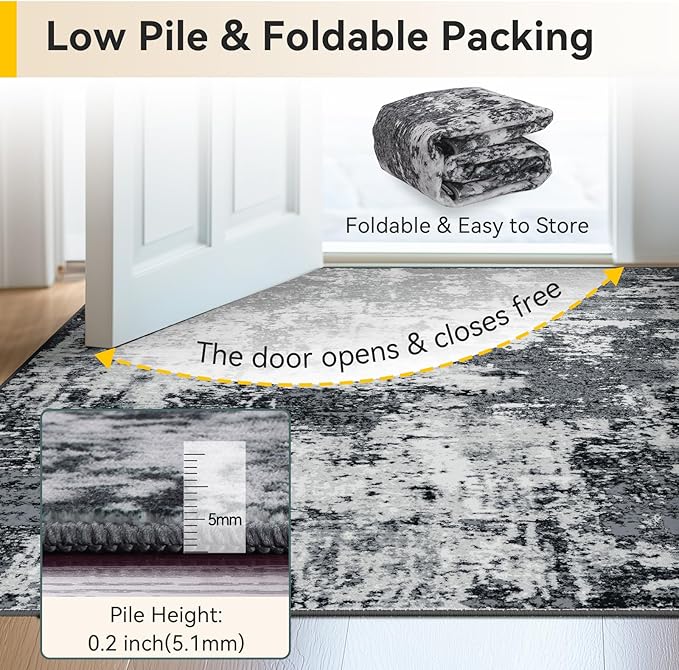 Washable Area Rugs 3x8 Non-Slip Modern Abstract Soft for Living Room Entryway Bedroom Nursery, Print Pattern, Black Navy Blue Gray