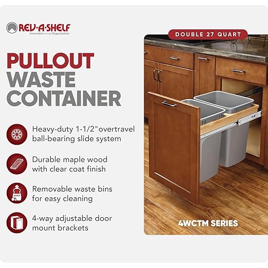 Rev-A-Shelf Top Mount Double Pullout Under Cabinet 27 Quart Kitchen Trash Cans w/ Soft Close, 150 Pound Rated Full-Extension Slides, 4WCTM-15BBSCDM2