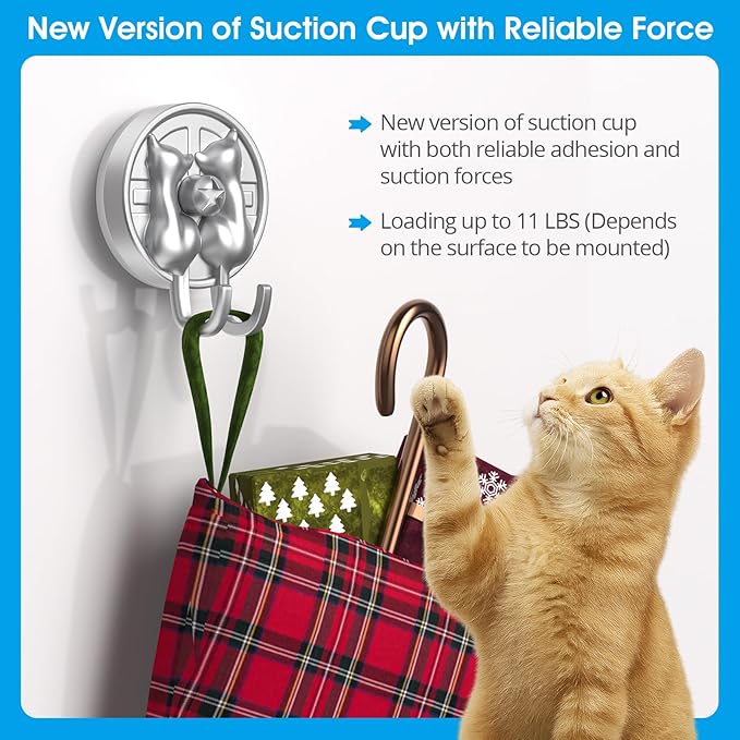 AST Cute Double-Cat Suction Cup Hook, 2 Pack, Heavy Duty Hooks, Upgraded Reliable Force of both Adhesion and Vacuum, Wall Holders for Loofah, Towel, Coat and Bath Robe, Waterproof Hanger, Matte Silver
